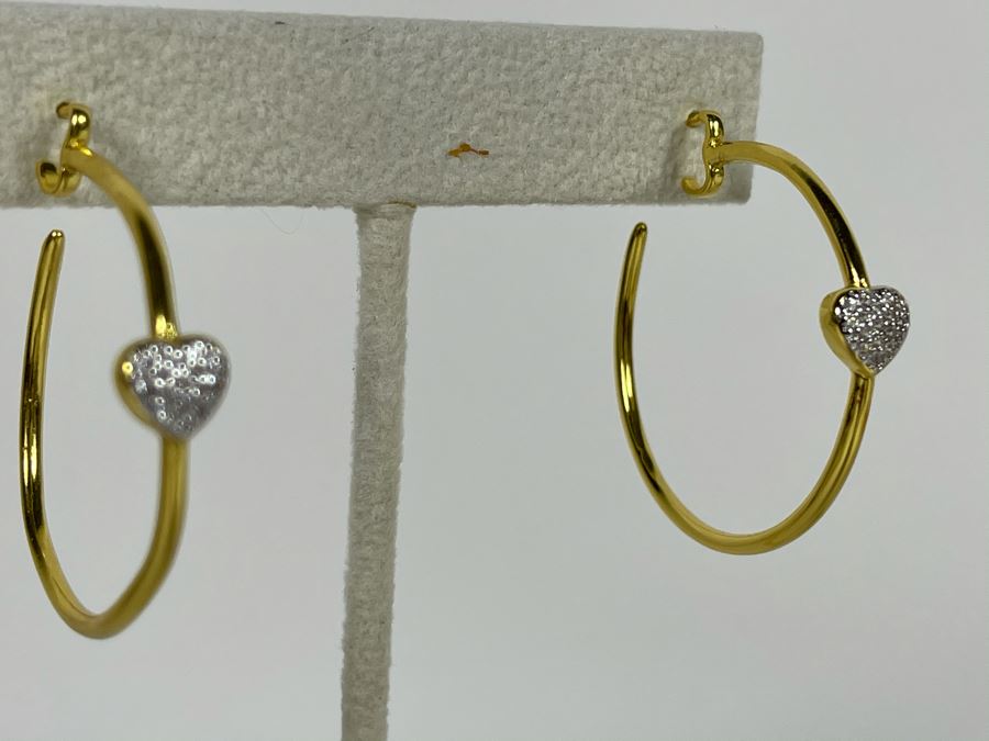 Pair Of 14K Gold PLATED Crystal Hoop Earrings With Store Display Retails $124 [Photo 4]