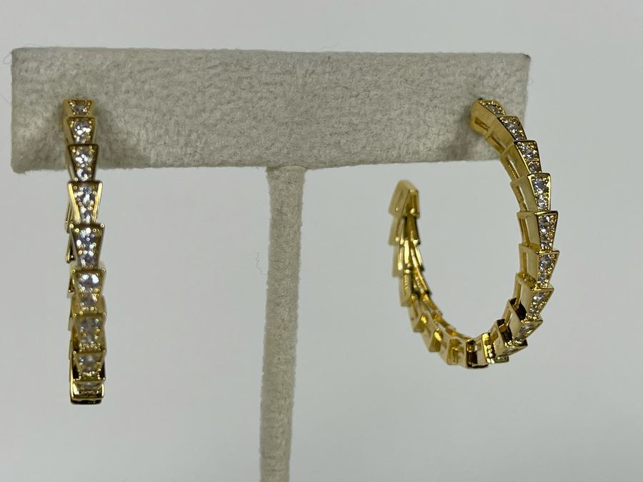 Pair Of 14K Gold PLATED Crystal Hoop Earrings With Store Display Retails $124 [Photo 3]