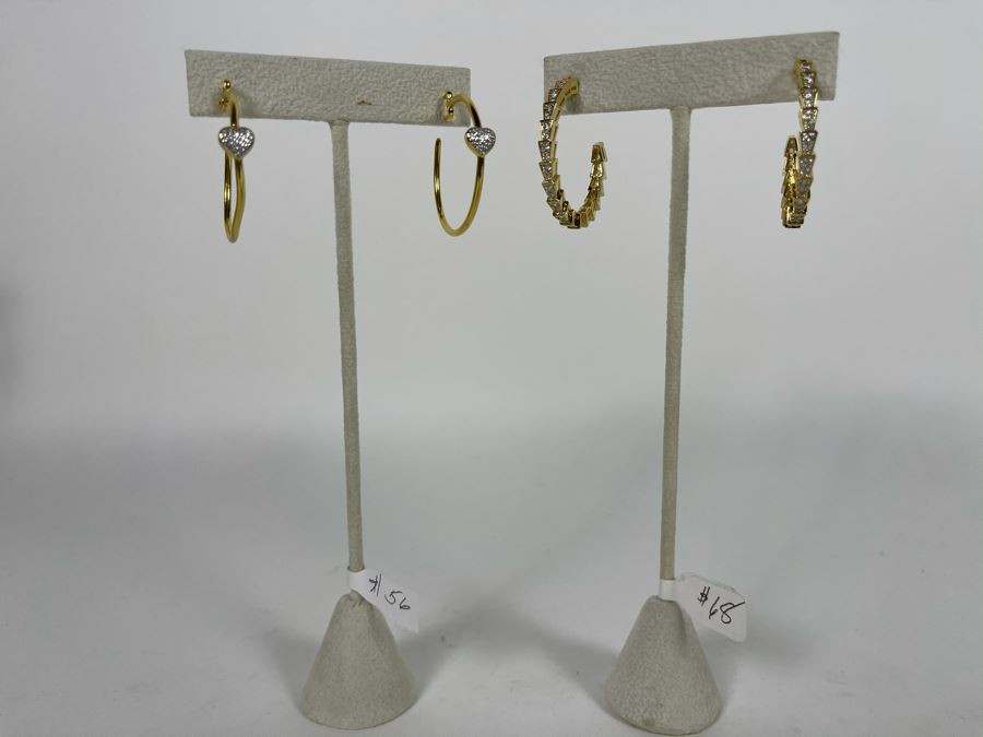 Pair Of 14K Gold PLATED Crystal Hoop Earrings With Store Display Retails $124 [Photo 2]