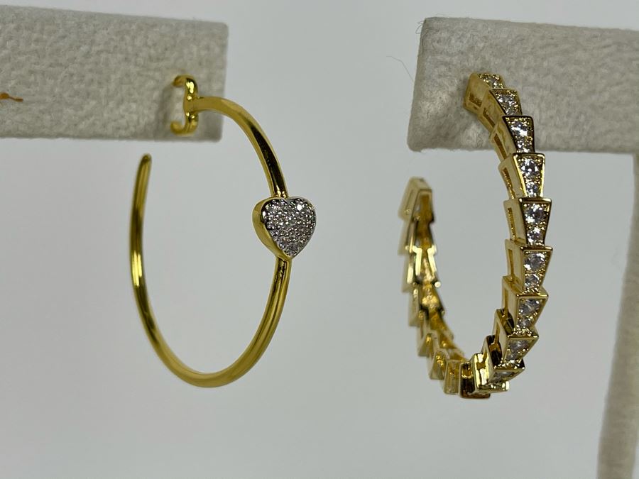 Pair Of 14K Gold PLATED Crystal Hoop Earrings With Store Display Retails $124 [Photo 5]