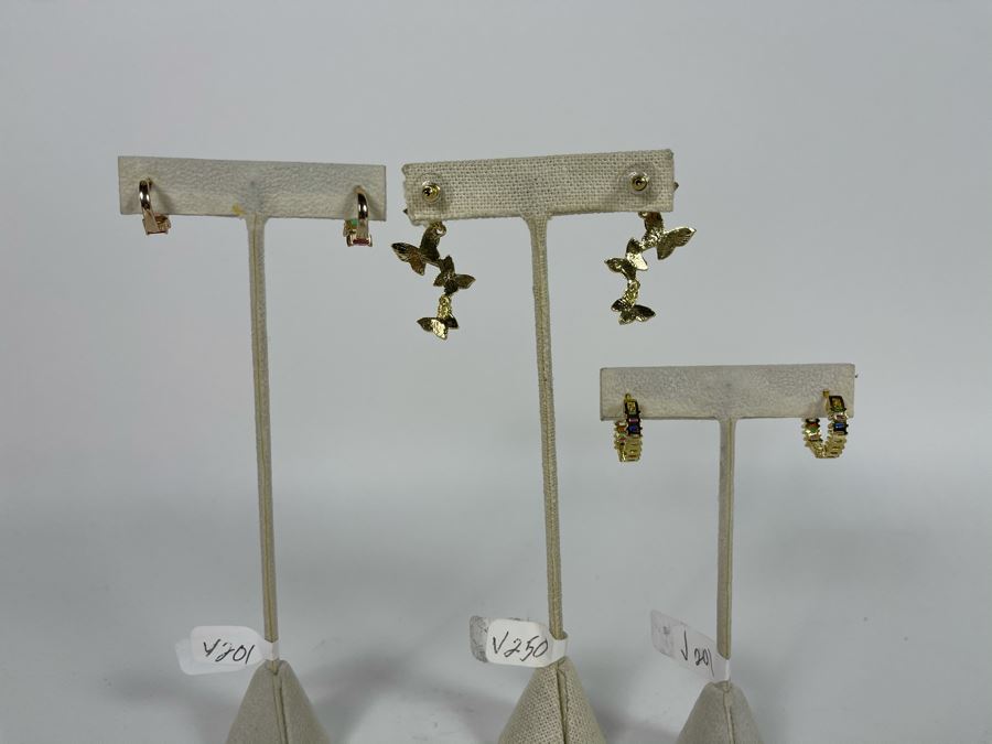 Set Of (3) 14K Gold PLATED Crystal Earrings Butterflies And Colorful Hoops Retails $160 [Photo 8]