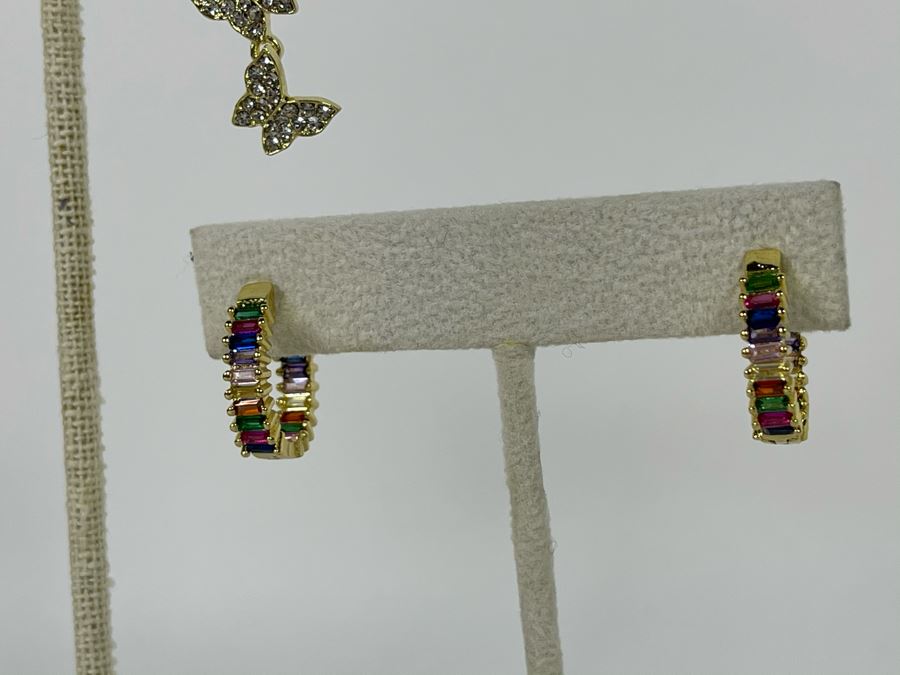 Set Of (3) 14K Gold PLATED Crystal Earrings Butterflies And Colorful Hoops Retails $160 [Photo 4]