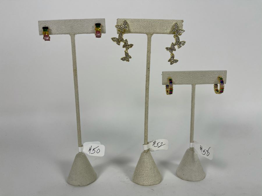Set Of (3) 14K Gold PLATED Crystal Earrings Butterflies And Colorful Hoops Retails $160 [Photo 2]