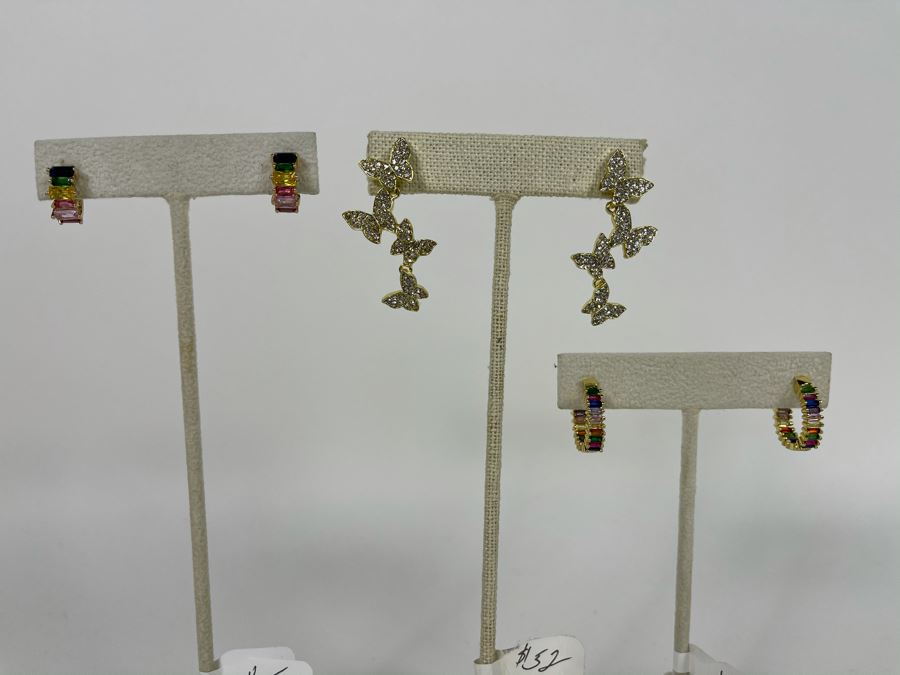 Set Of (3) 14K Gold PLATED Crystal Earrings Butterflies And Colorful Hoops Retails $160 [Photo 1]