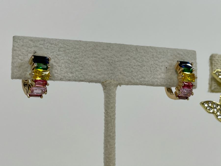 Set Of (3) 14K Gold PLATED Crystal Earrings Butterflies And Colorful Hoops Retails $160 [Photo 7]