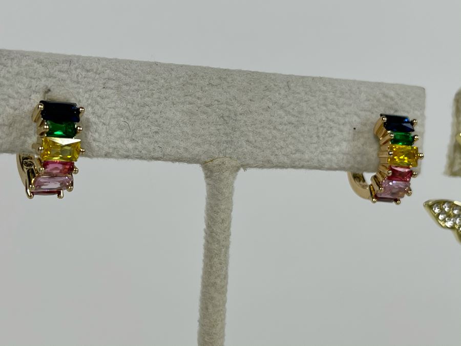Set Of (3) 14K Gold PLATED Crystal Earrings Butterflies And Colorful Hoops Retails $160 [Photo 6]