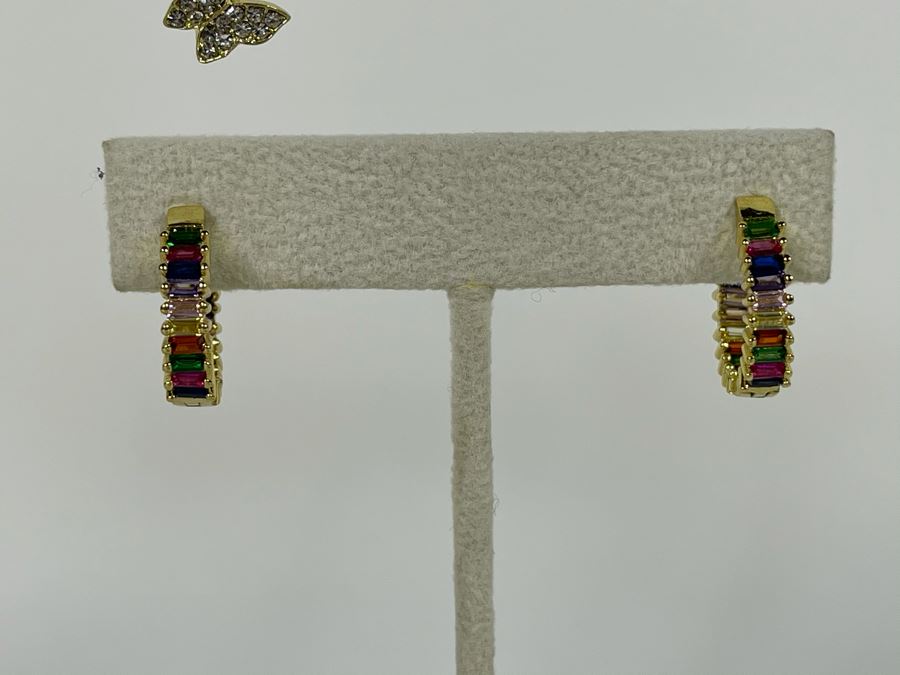 Set Of (3) 14K Gold PLATED Crystal Earrings Butterflies And Colorful Hoops Retails $160 [Photo 3]