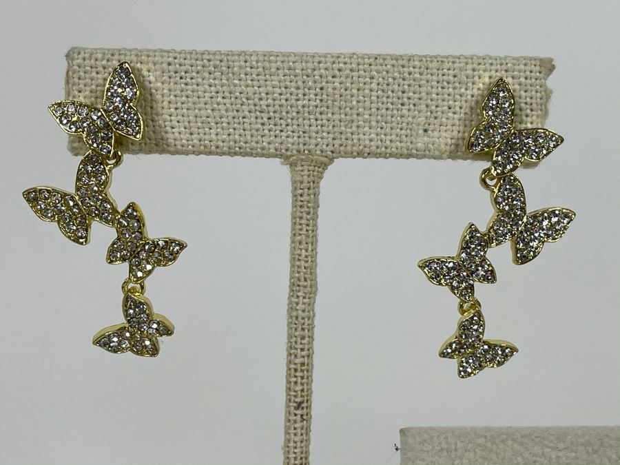 Set Of (3) 14K Gold PLATED Crystal Earrings Butterflies And Colorful Hoops Retails $160 [Photo 5]