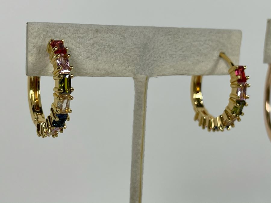Set Of (3) 14K Gold PLATED Colorful Crystal Hoop Earrings Retails $162 [Photo 4]