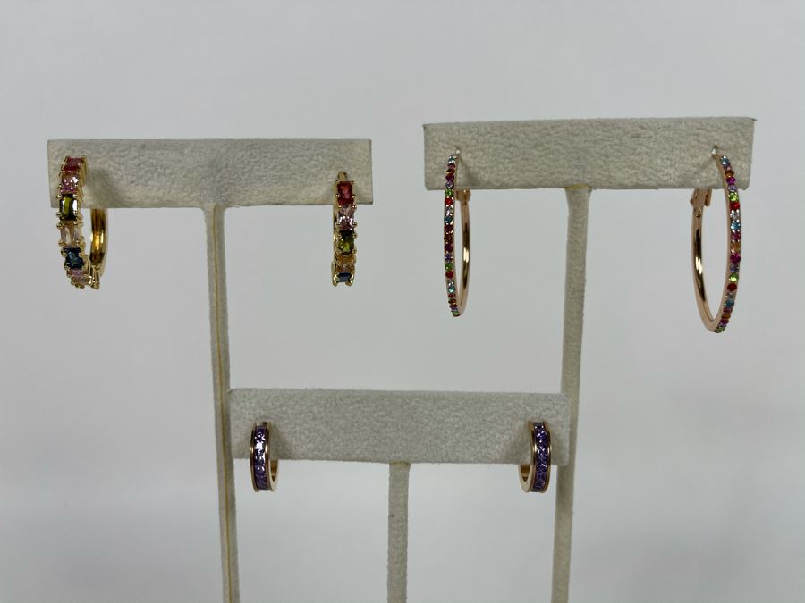 Set Of (3) 14K Gold PLATED Colorful Crystal Hoop Earrings Retails $162 [Photo 3]