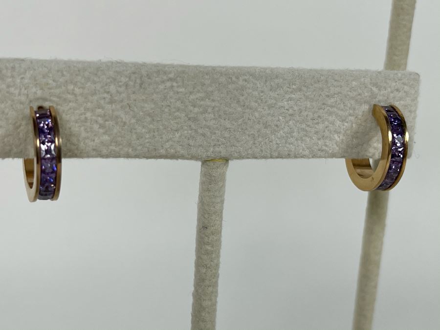 Set Of (3) 14K Gold PLATED Colorful Crystal Hoop Earrings Retails $162 [Photo 7]