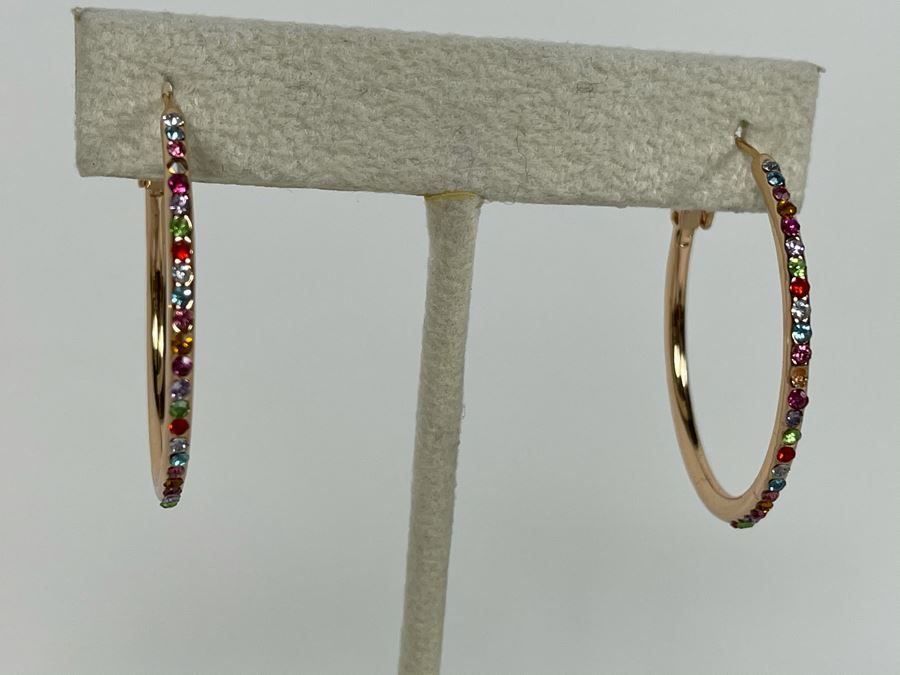 Set Of (3) 14K Gold PLATED Colorful Crystal Hoop Earrings Retails $162 [Photo 5]