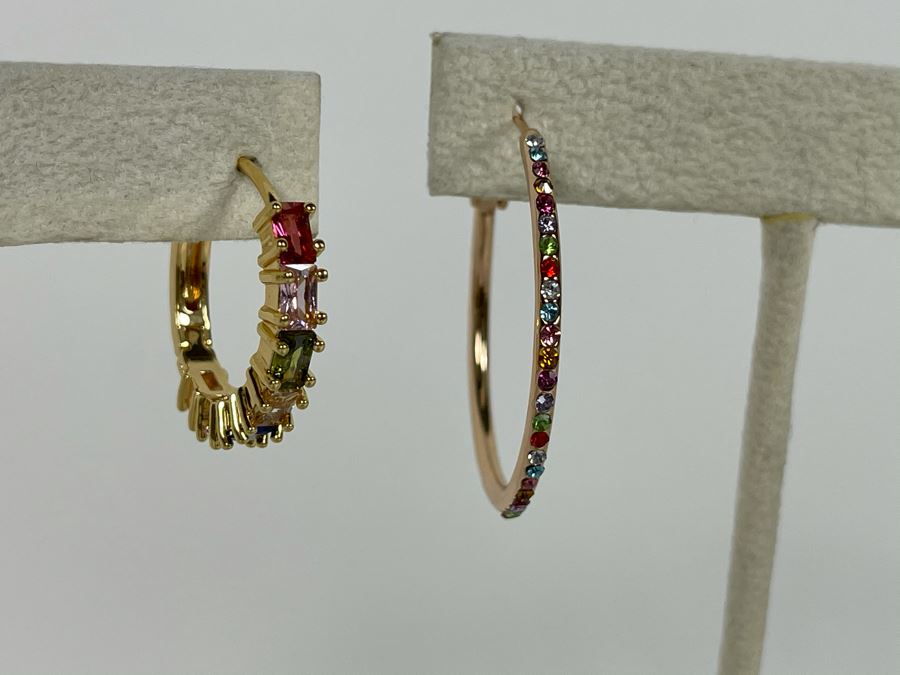 Set Of (3) 14K Gold PLATED Colorful Crystal Hoop Earrings Retails $162 [Photo 6]