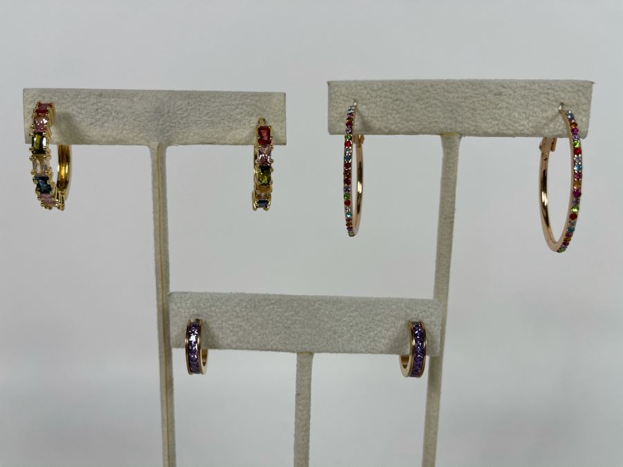 Set Of (3) 14K Gold PLATED Colorful Crystal Hoop Earrings Retails $162 [Photo 1]