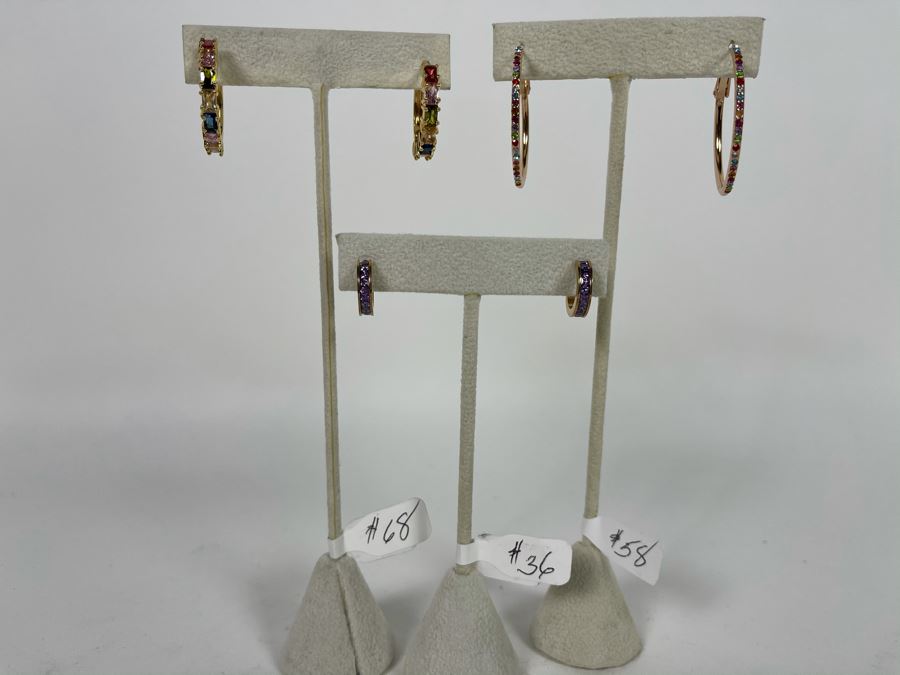 Set Of (3) 14K Gold PLATED Colorful Crystal Hoop Earrings Retails $162 [Photo 2]