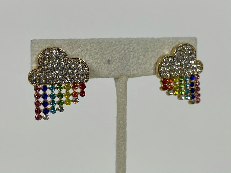 14K Gold PLATED Colorful Crystal Rainbow Rain Cloud Earrings Retails $38
