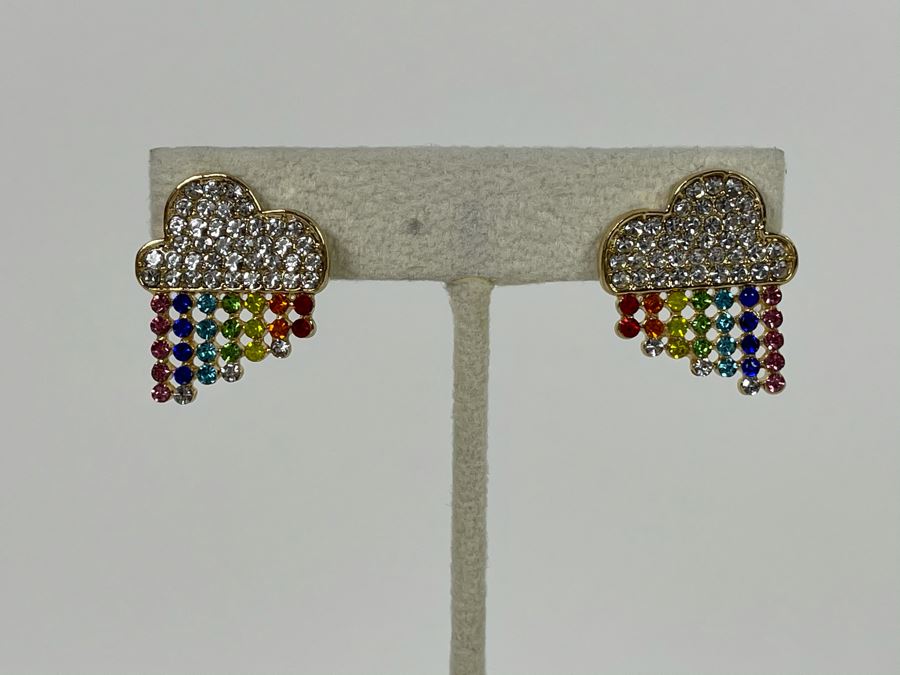 14K Gold PLATED Colorful Crystal Rainbow Rain Cloud Earrings Retails $38 [Photo 3]