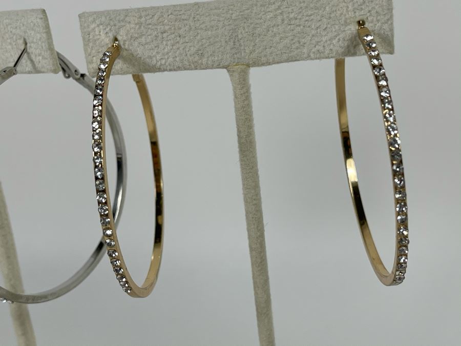 Pair Of 14K Gold PLATED Crystal Hoop Earrings With Store Display Retails $104 [Photo 5]