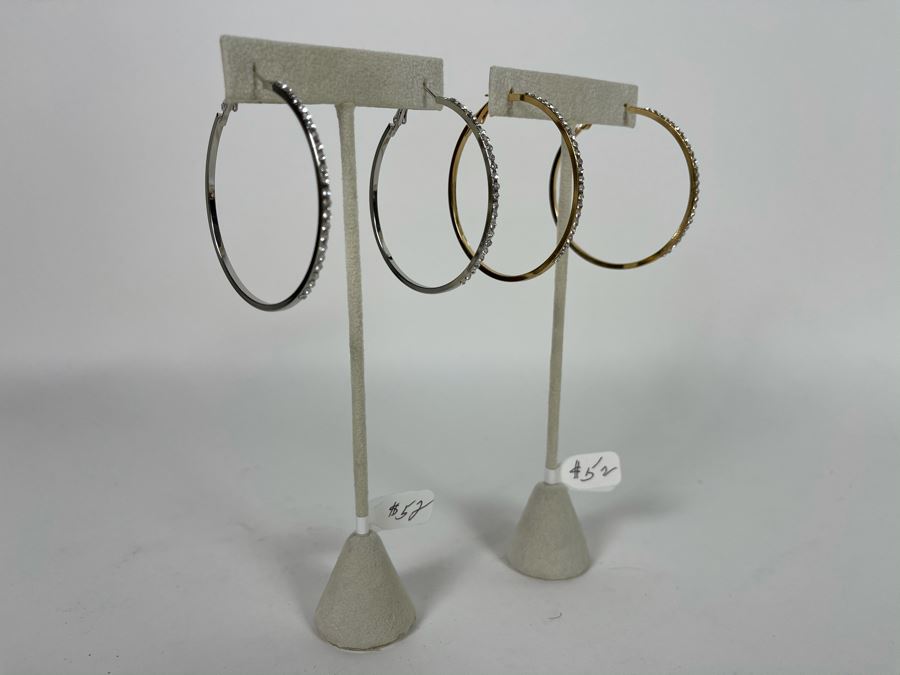 Pair Of 14K Gold PLATED Crystal Hoop Earrings With Store Display Retails $104 [Photo 2]