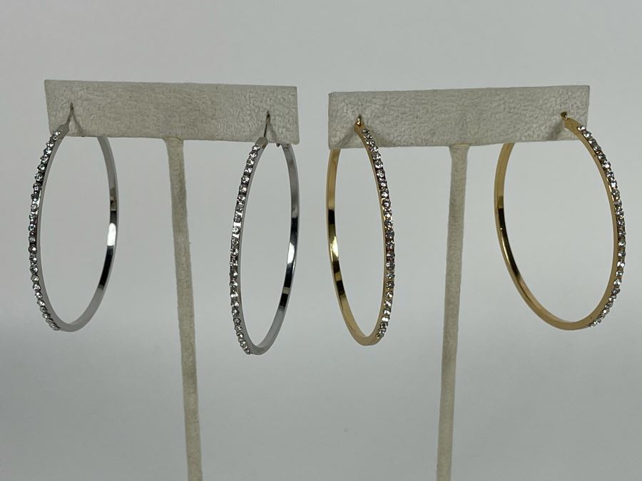 Pair Of 14K Gold PLATED Crystal Hoop Earrings With Store Display Retails $104