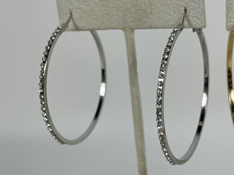 Pair Of 14K Gold PLATED Crystal Hoop Earrings With Store Display Retails $104 [Photo 4]