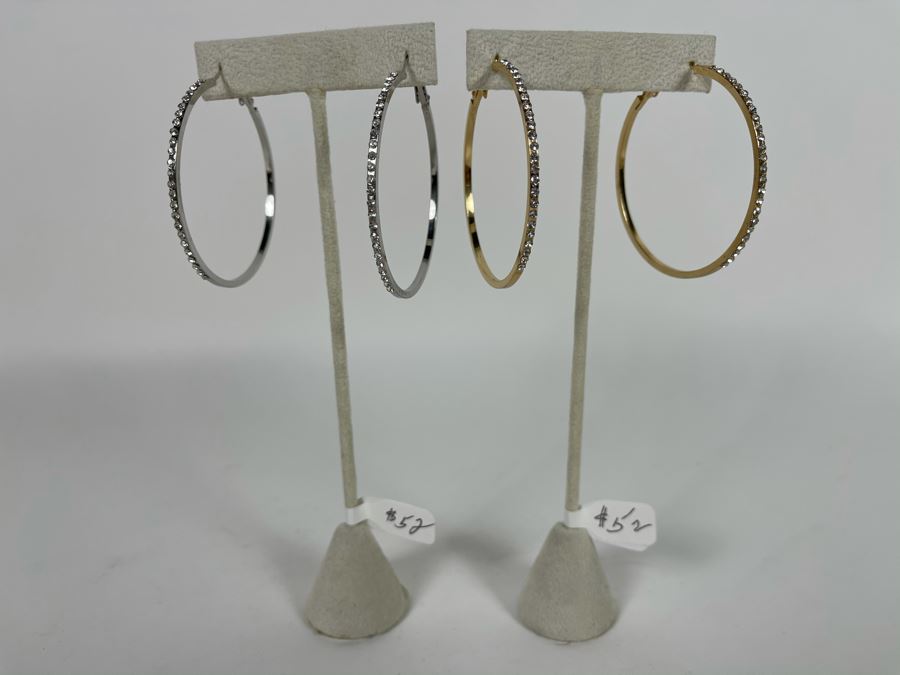 Pair Of 14K Gold PLATED Crystal Hoop Earrings With Store Display Retails $104 [Photo 3]
