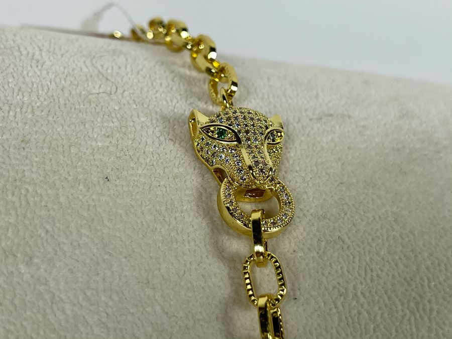 14K Gold PLATED Crystal Panther Bracelet 7'L Retails $68 [Photo 2]
