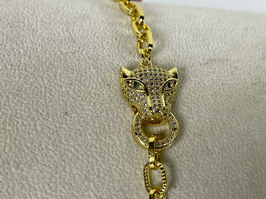 14K Gold PLATED Crystal Panther Bracelet 7'L Retails $68