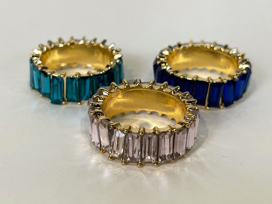 Set Of (3) 14K Gold PLATED Crystal Rings Size 9 Retails $162 [Photo 6]