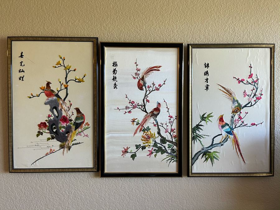 Set Of (3) Framed Asian Silk Embroidery Bird Cherry Blossom Tree Artwork
