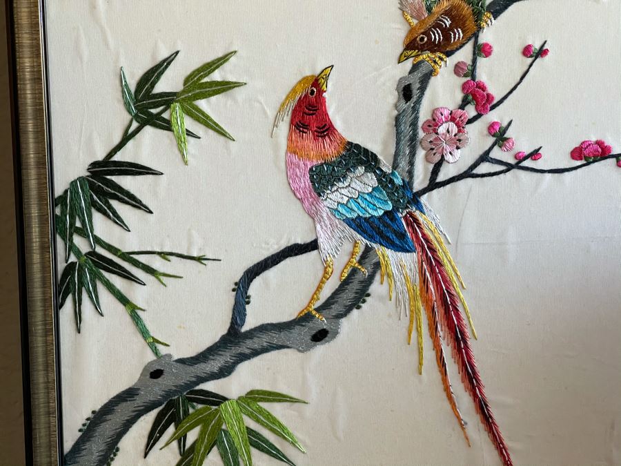 Set Of (3) Framed Asian Silk Embroidery Bird Cherry Blossom Tree Artwork [Photo 10]