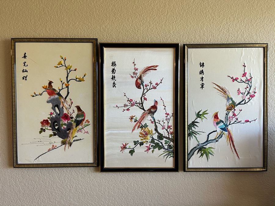 Set Of (3) Framed Asian Silk Embroidery Bird Cherry Blossom Tree Artwork [Photo 2]
