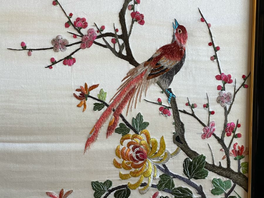 Set Of (3) Framed Asian Silk Embroidery Bird Cherry Blossom Tree Artwork [Photo 8]