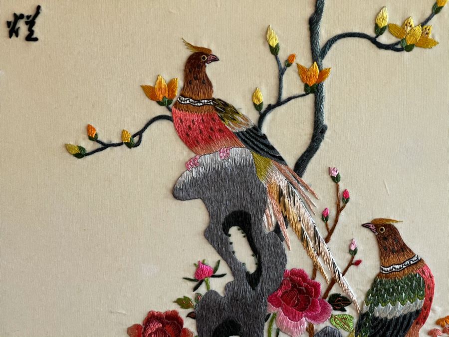 Set Of (3) Framed Asian Silk Embroidery Bird Cherry Blossom Tree Artwork [Photo 4]