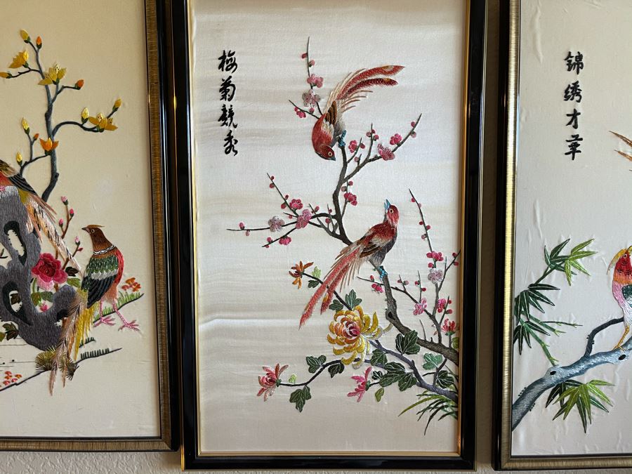 Set Of (3) Framed Asian Silk Embroidery Bird Cherry Blossom Tree Artwork