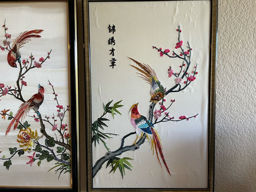 Set Of (3) Framed Asian Silk Embroidery Bird Cherry Blossom Tree Artwork