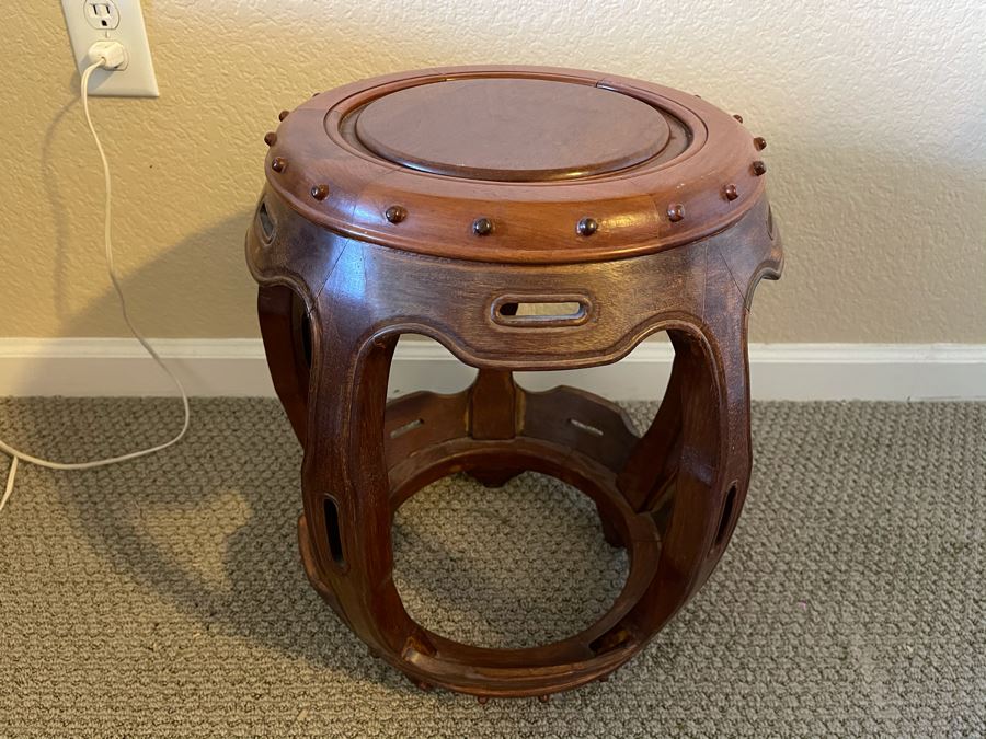Chinese Teak Barrel Stool Side Table Plant Stand