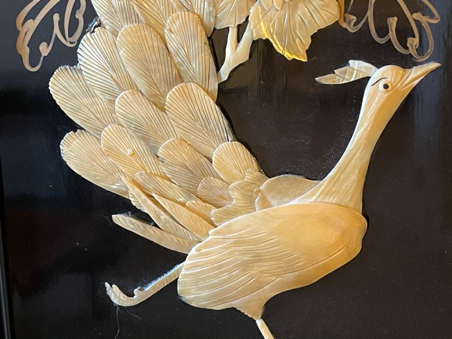 Pair of Asian Peacocks Birds Shell Artwork Picture Framed [Photo 6]