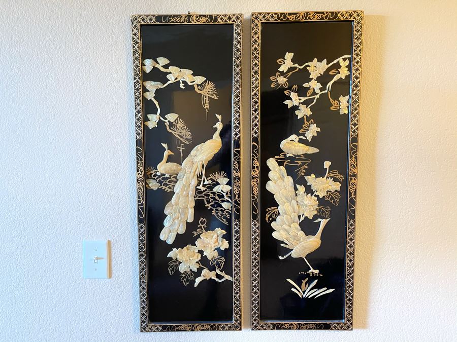 Pair of Asian Peacocks Birds Shell Artwork Picture Framed [Photo 2]