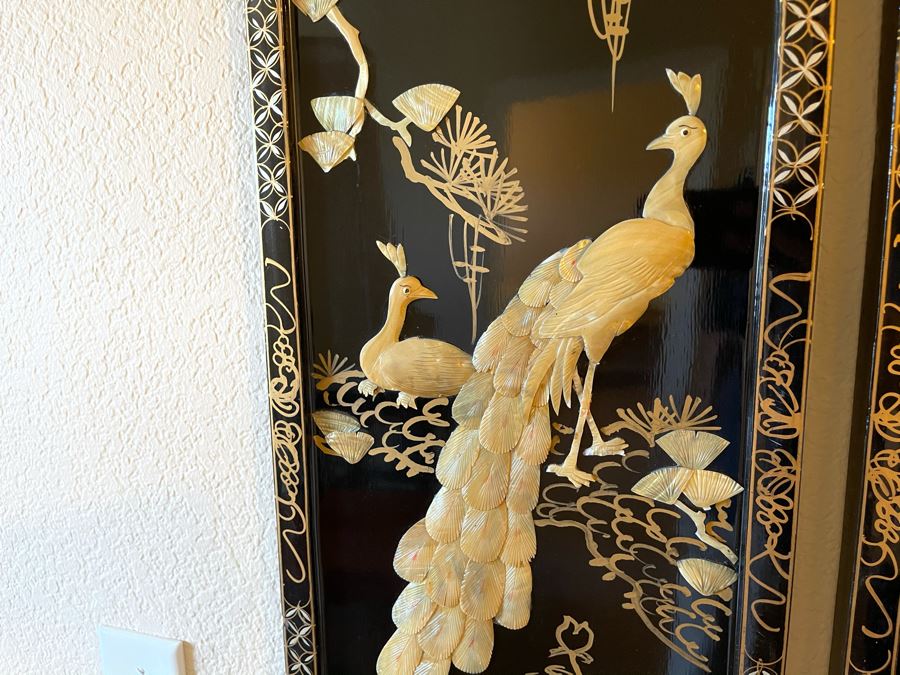 Pair of Asian Peacocks Birds Shell Artwork Picture Framed [Photo 3]