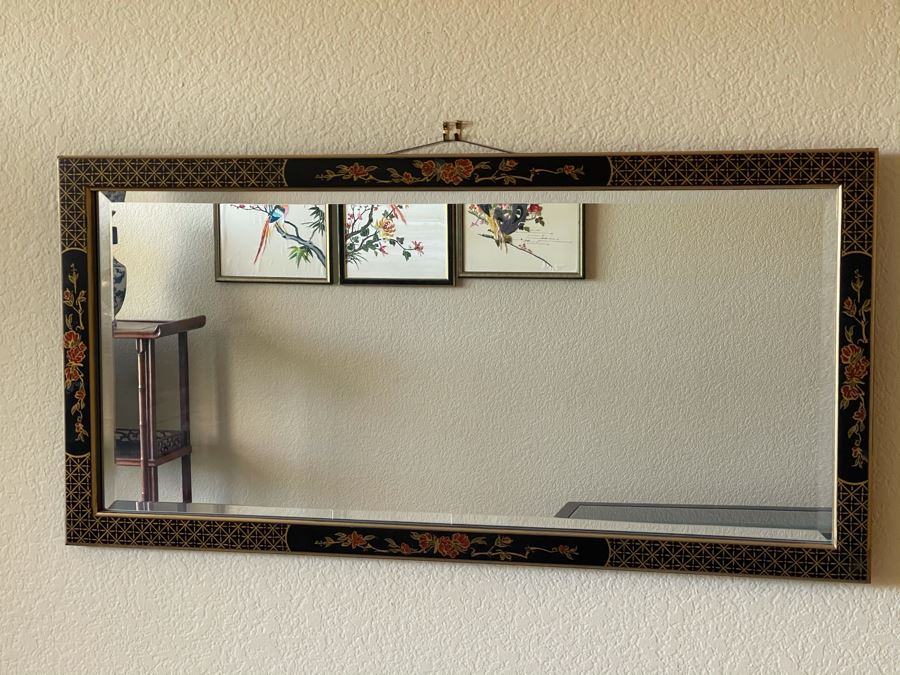 Pulaski Furniture Chinoiserie Asian Black Frame Beveled Glass Mirror