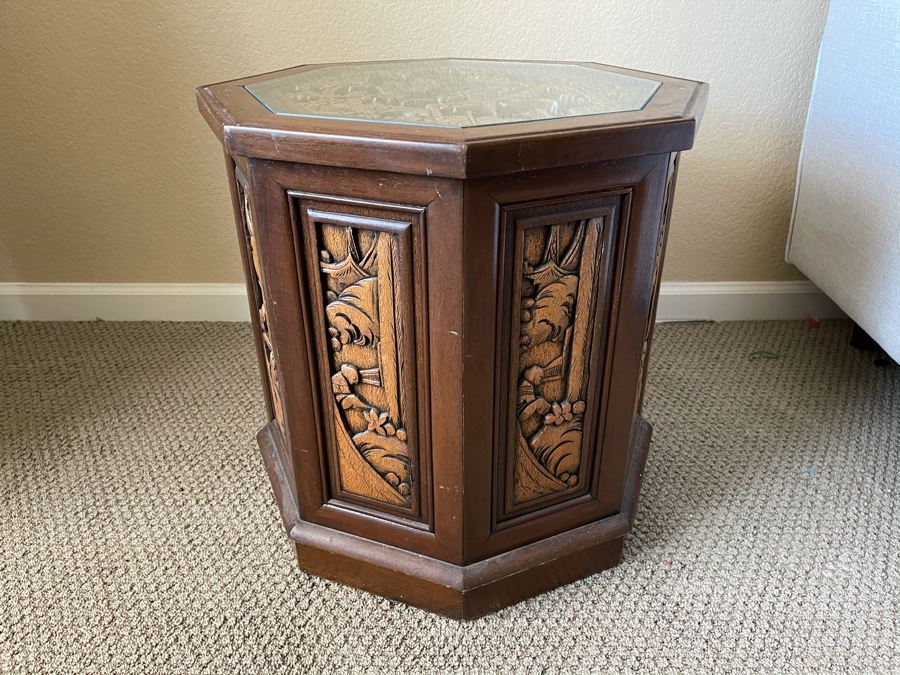 Asian Relief Carved Side Table With Storage / Doors [Photo 6]
