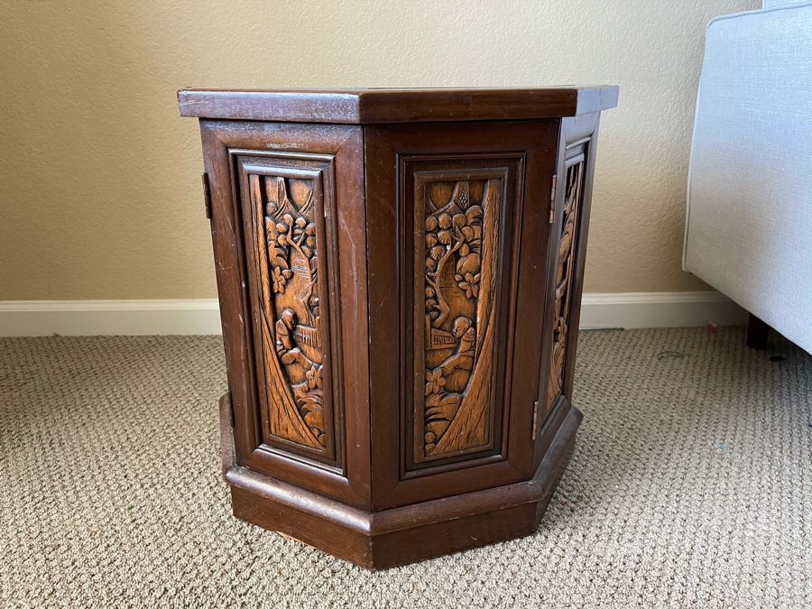 Asian Relief Carved Side Table With Storage / Doors [Photo 3]