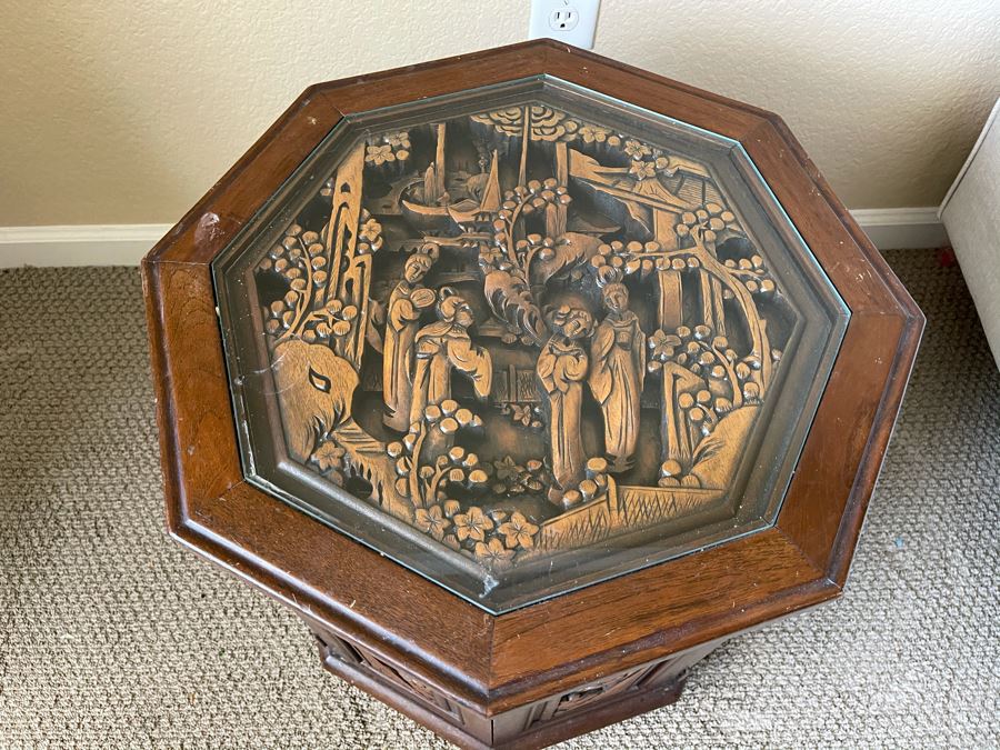 Asian Relief Carved Side Table With Storage / Doors [Photo 4]