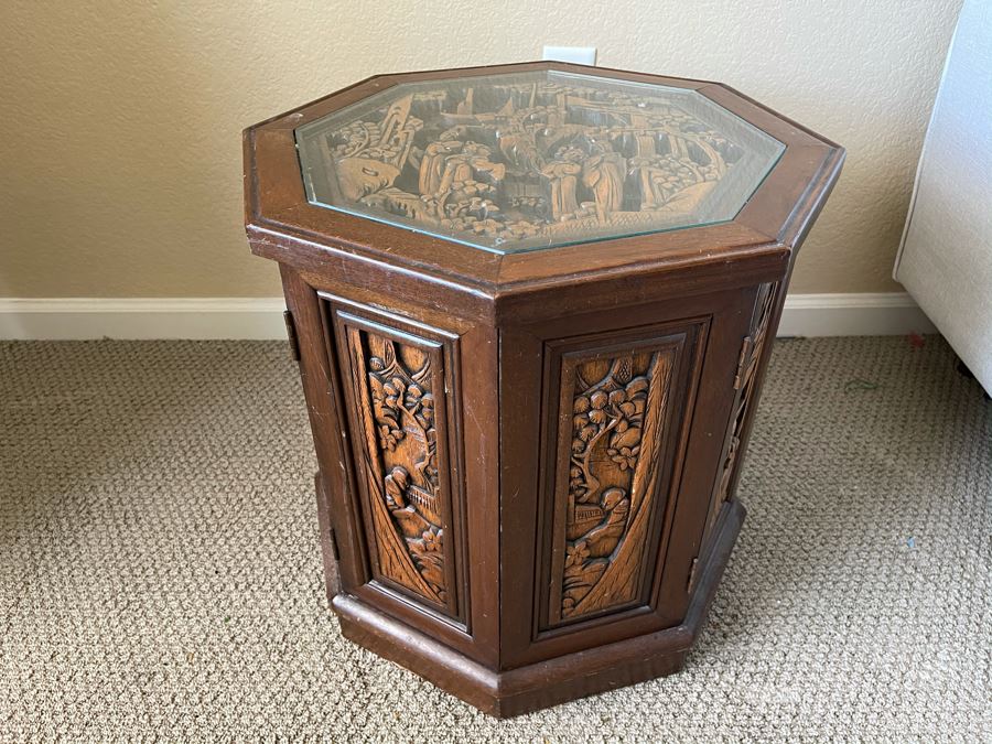 Asian Relief Carved Side Table With Storage / Doors