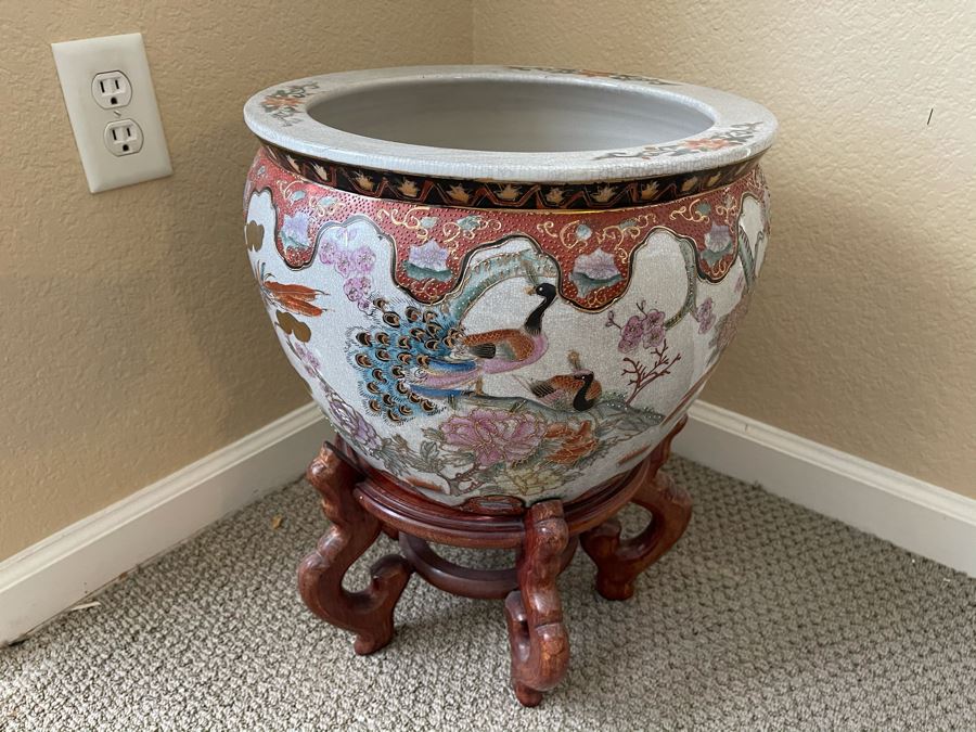 Asian Fishbowl Flower Pot Planter With Wooden Stand [Photo 3]