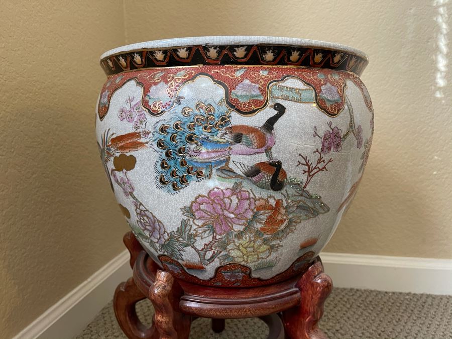 Asian Fishbowl Flower Pot Planter With Wooden Stand [Photo 7]