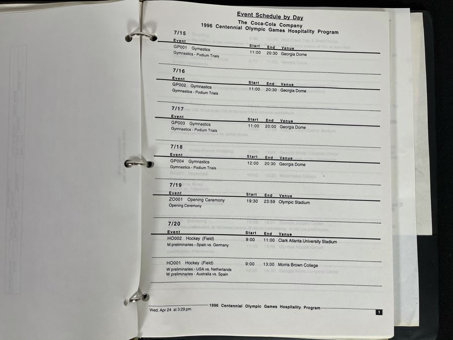 Coca-Cola Staff Manual And The Coca-Cola Company Ticket Batch List Hospitality Program Binder From The 1996 Centennial Olympic Games Plus (2) Sports Illustrated Olympic Daily Programs [Photo 12]