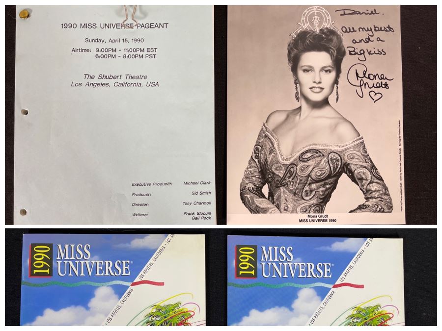 1990 Miss Universe Pageant Script, Signed Mona Grudt (Star Trek Actress) Winner Of Miss Universe 1990 Photograph And Pair Of Programs