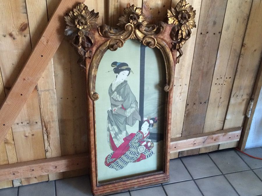 Antique Japanese Painting on Silk in a Beautifully Gilded Ornately Carved Wooden Frame